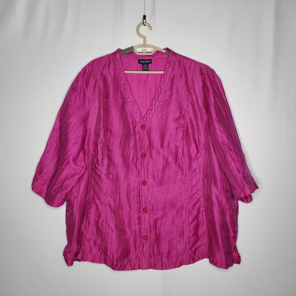 Maggie Barnes Linen Button Top Women 3X Fuchsia Pink 3/4 Sleeve V-Neck Stretch